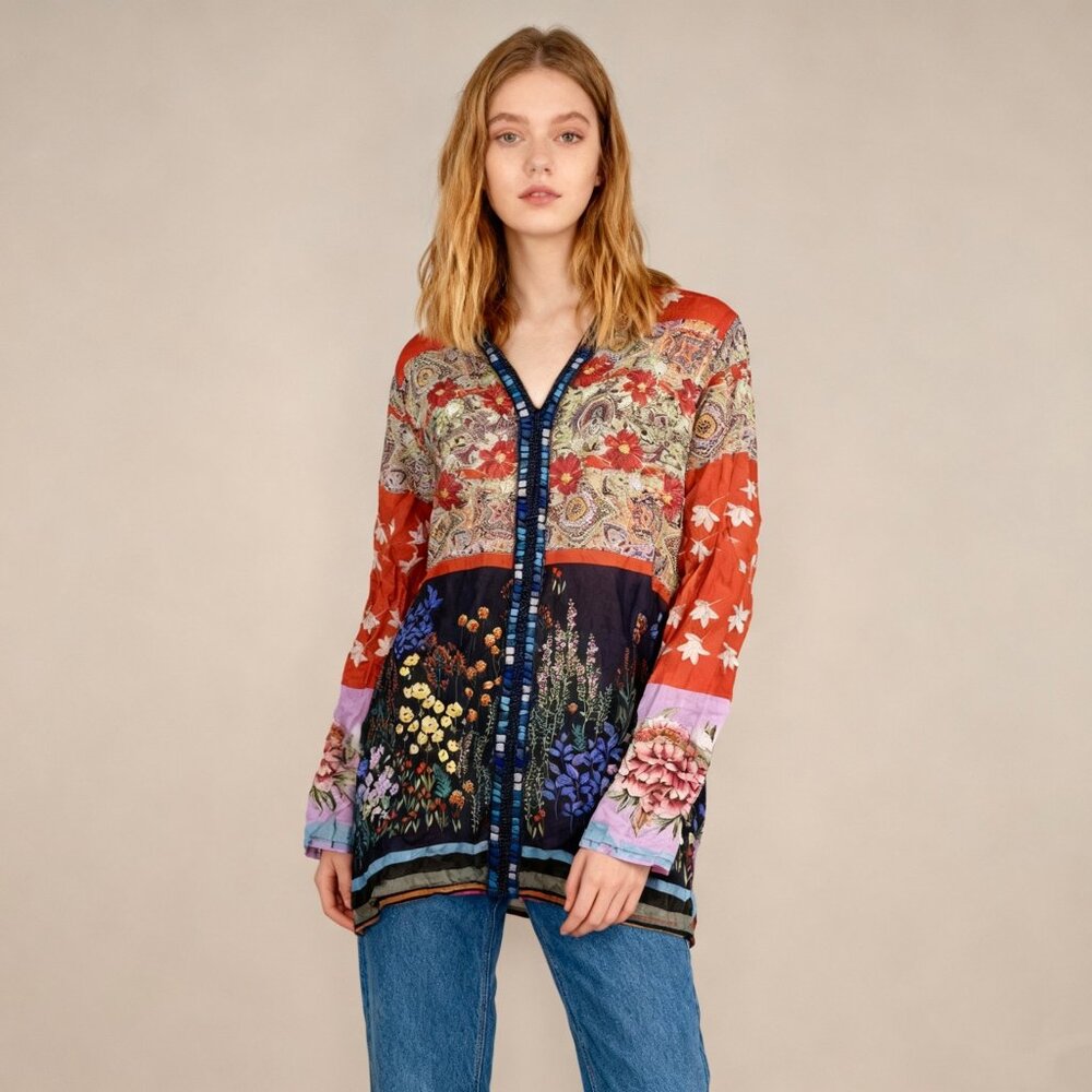 NWOT Johnny Was Embroidered Floral V Neck Long Sleeves Shirt Blouse Tunic Sz S